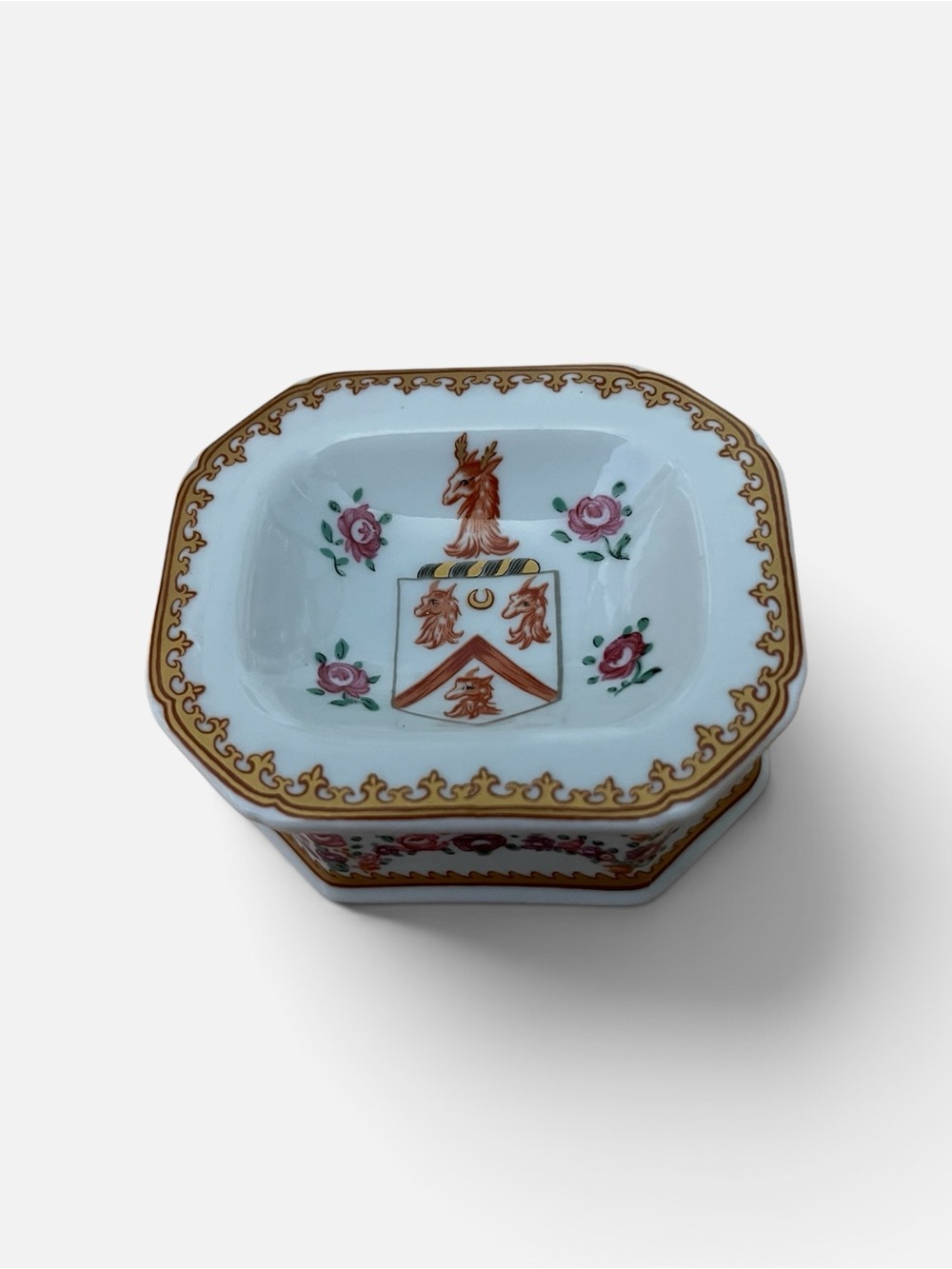 Porcelain Trinket Dish with Gold Trim and Pink Rose Motif